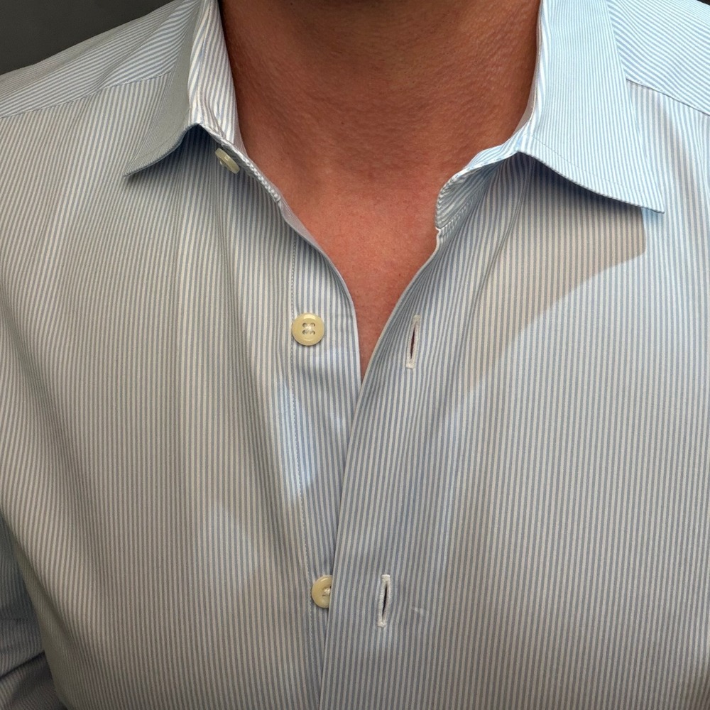 David Donahue Trim Fit Dress Shirt | Blue White Stripe | 15.5 Neck 34/35 Sleeve